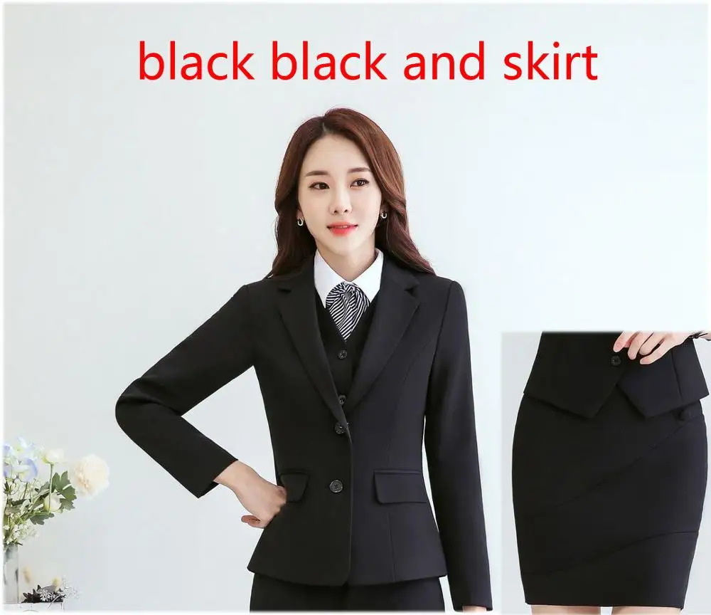 black blazerandskirt IZICFLY Красный формальный брючный комплект униформа дизайн для женщин костюмы с брюками офисные блейзеры Элегантный Бизнес Рабочая одежда размера плюс - Цвет: black blazerandskirt