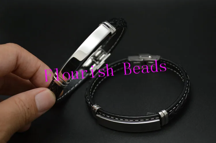 

Hot Selling Black wide Real Leather Cord Stainless Steel Clasp Fashion Man Bracelet For Party Gift Free Shipping 5pc/Lot