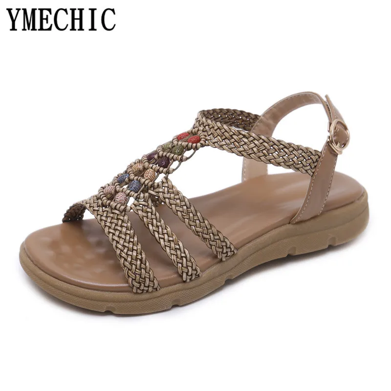 YMECHIC 2018 тканые пляжные туфли богемный летние босоножки Гладиаторы с бусинами