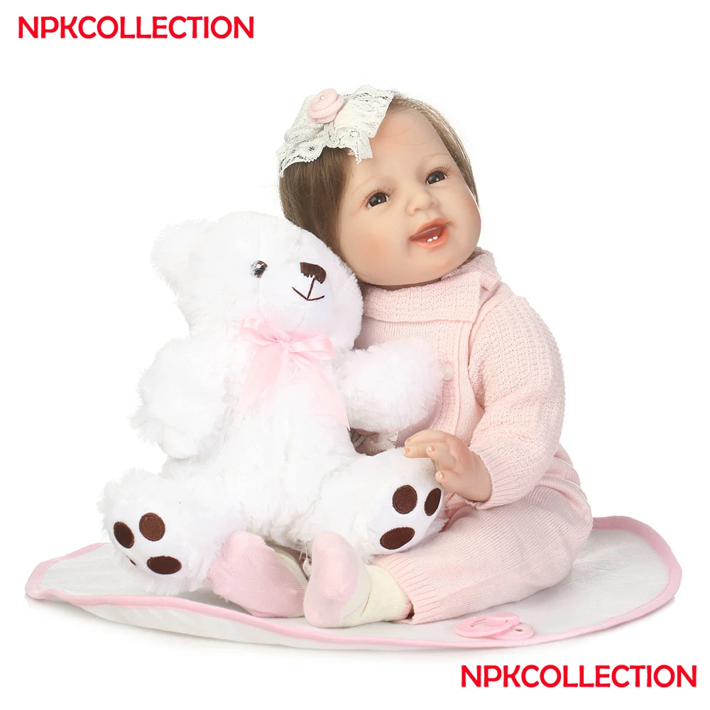

Adorable bebe girl reborn 22"NPK silicone baby reborn dolls with bear plush doll new rooted hair bonecas reborn child gift toys