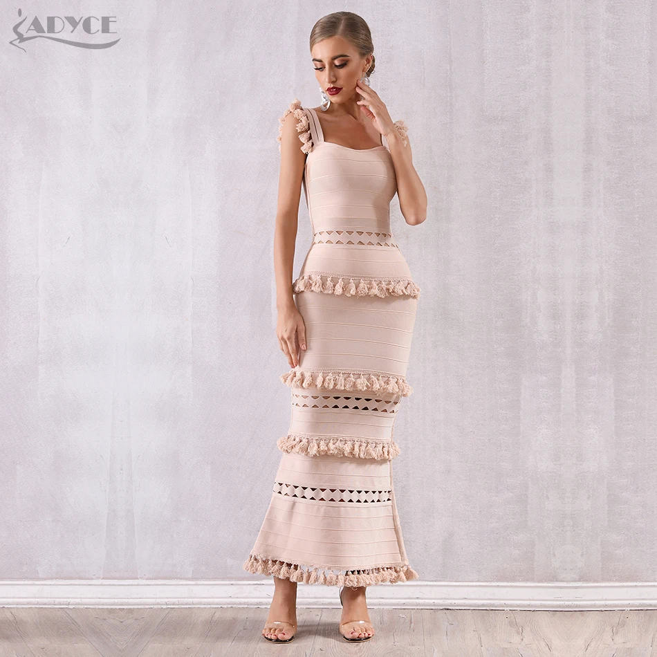 Adyce 2021 New Summer Women Maxi Hollow Out Bandage Dress Sexy Sleeveless Tassel Club Fringe Celebrity Evening Party | Женская одежда