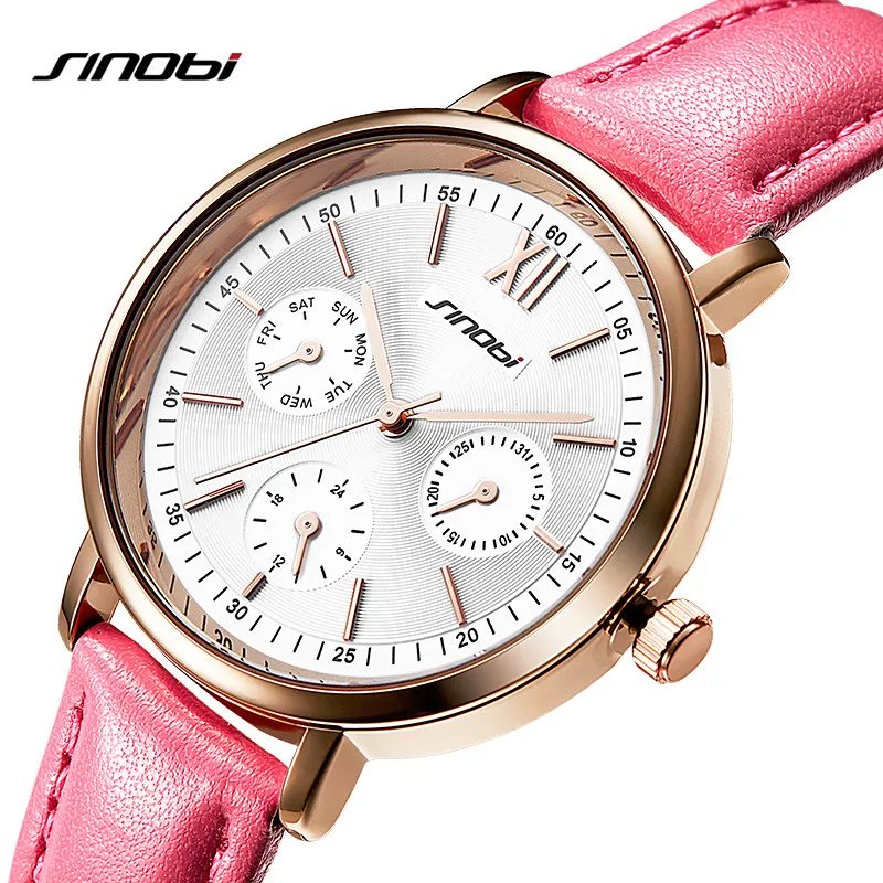 Женские кварцевые часы SINOBI из натуральной кожи розовое золото|montre brand|montre rose