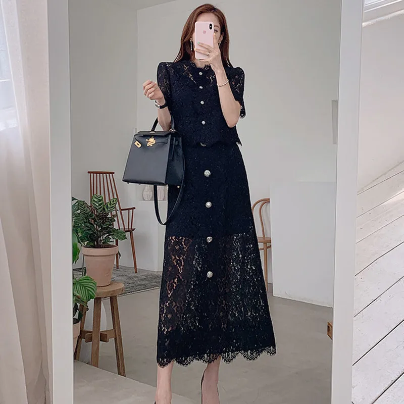 2019 Летний Новый женский кружевной комплект с коротким рукавом однобортный белый