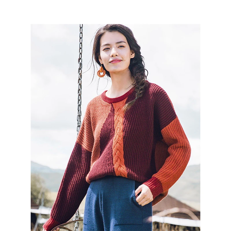 INMAN Winter Female Round Collar Contrast Color Jacquard Loose Retro Literary Pullover Women Sweater | Женская одежда