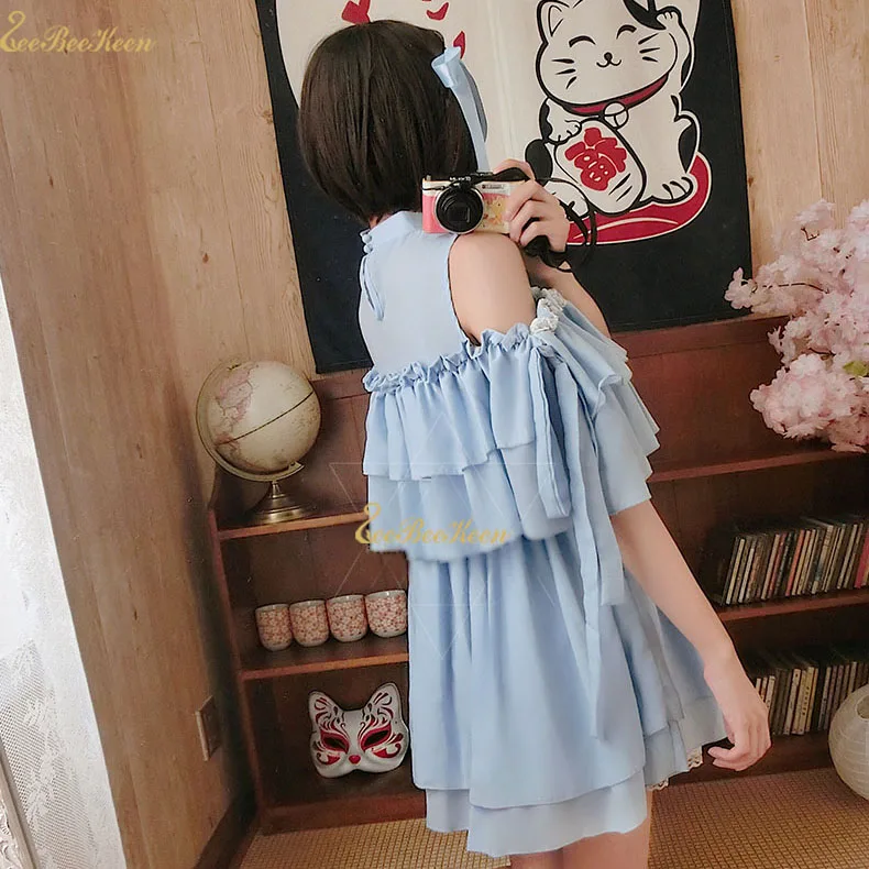 Голубое платье в стиле Лолиты для взрослых Hanfu для женщин, милый китайский костюм для девочек, шифоновая Милая юбка в стиле «лолита» с открытыми плечами в стиле «Хан Тан»