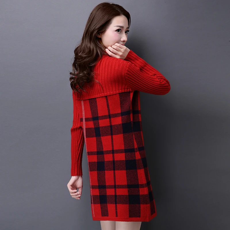 Turtleneck Plaid Long Sweater Dress for Woman Autumn Winter Patchwork Fashion Slim Computer Knitted Woolen Female | Женская одежда