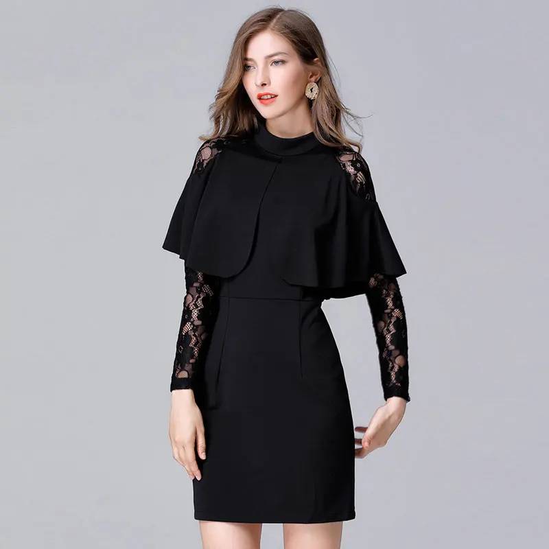 Women autumn new elegant Black Chiffon lace Plus size slim dress large Size Cloak Sleeves Pencil Dress Office Lady party Dresses | Женская