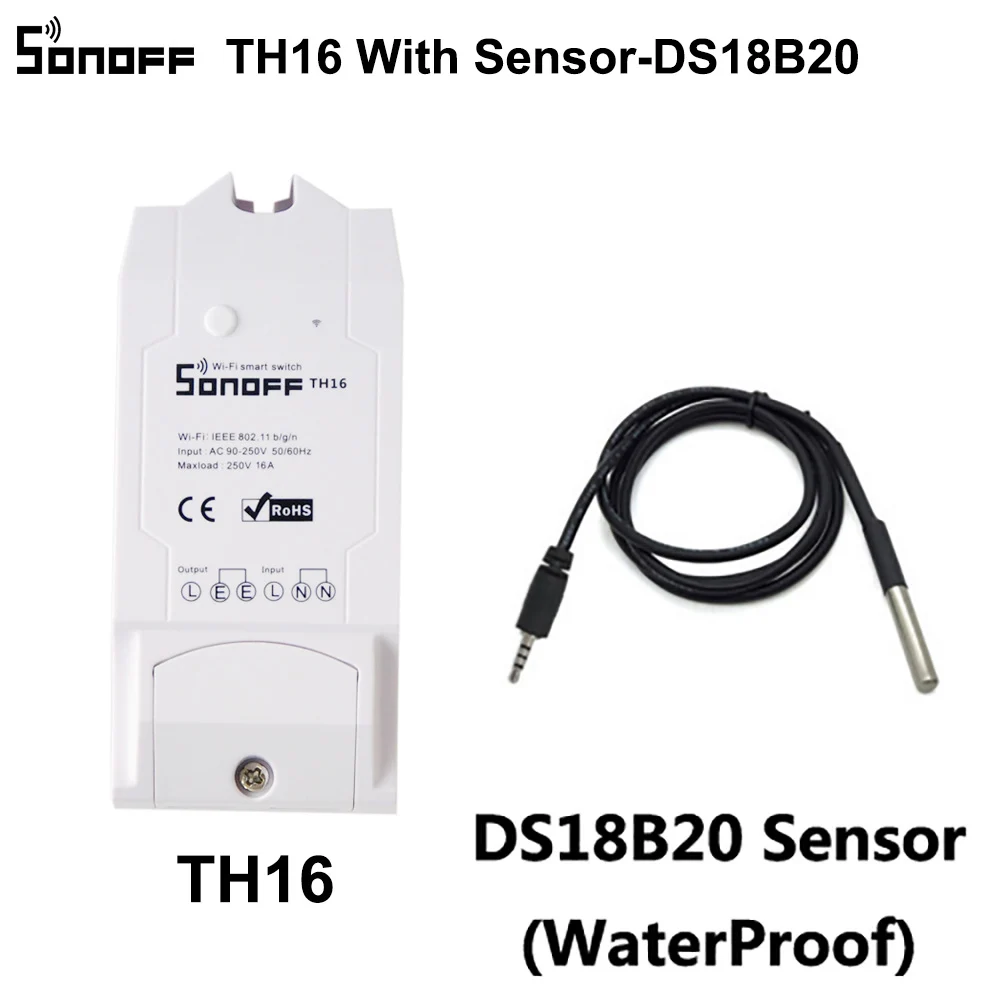 16A and DS18B20 Sonoff TH 10A умный переключатель Wi-Fi для мониторинга температуры и влажности умный переключатель Умный домашний переключатель работает с Alexa Google Home - Комплект: 16A and DS18B20