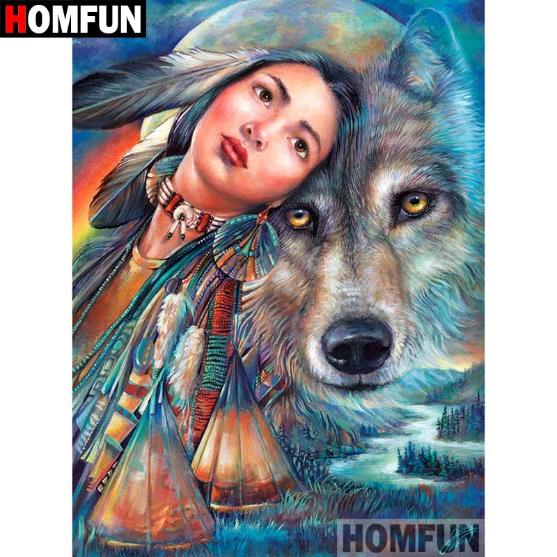 Алмазная живопись HOMFUN A08779 картина индейский волк с полными квадратными/круглыми