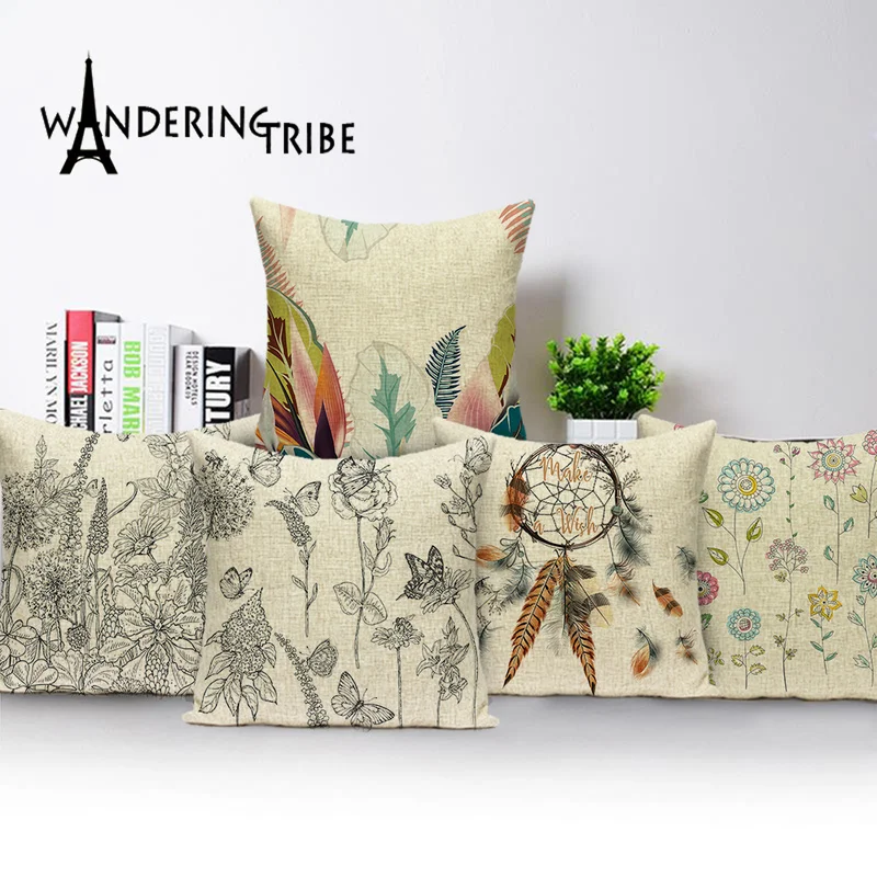 

Vintage Decorative Cushion Covers Shabby Chic Feather Flowers Spring Pillow Covers Plant Geometric Throw Pillow Case