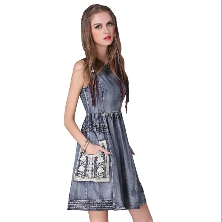 

Summer Women Denim Dress Embroidery Sleeveless Mini Soft Jeans Dress Short Denim Casual Beach Dress Loose Sundress with Pocket