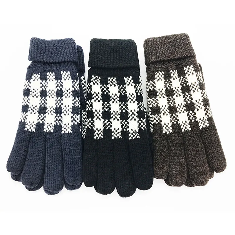 Зимние перчатки мужские и женские вязаные цветные клетчатые двойные толстые