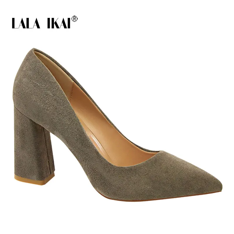 Gray LALA IKAI/женские босоножки из искусственной кожи; замшевые однотонные туфли-лодочки; Классические босоножки без шнуровки на высоком каблуке; женская модная обувь; 014C1237-4 - Цвет: Gray