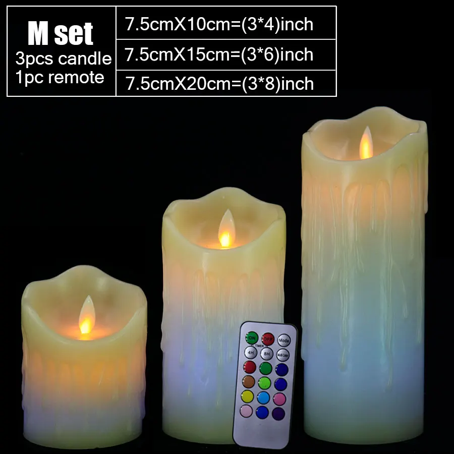 3pcs M set Светодиодный восковые свечи с дистанционным управлением, беспламенные, дышащие, сверкающие свечи, ночные огни, украшение для свадебной вечеринки - Цвет: 3pcs M set