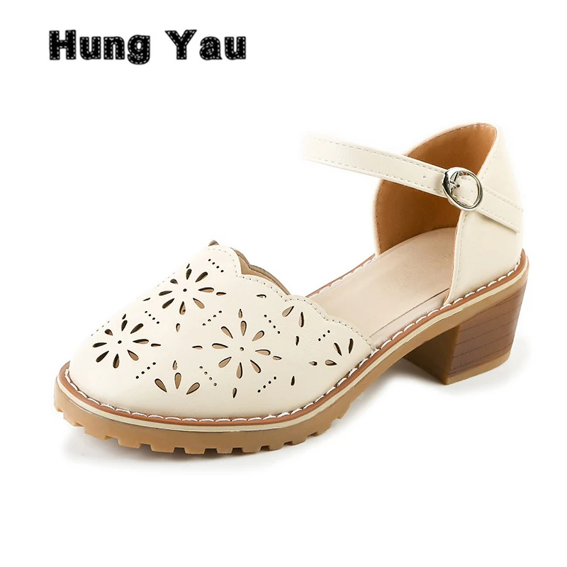 Apricot Hung Yau/женские Босоножки белые босоножки на платформе с вырезами удобная летняя обувь на высоком толстом каблуке в форме копыта размера плюс 9 - Цвет: Apricot