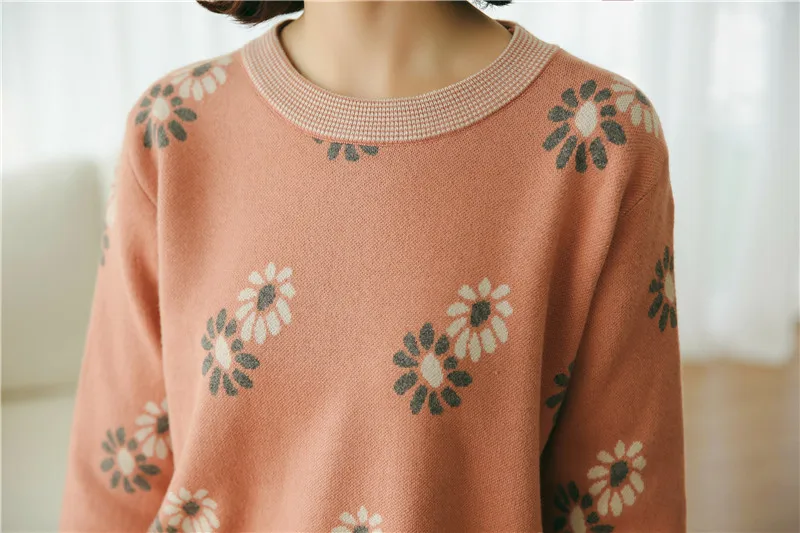Женская одежда милые Kawaii повседневные свободные Цветочные вязание свитера