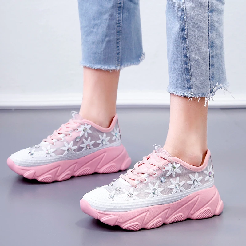 Женские кроссовки со стразами на платформе дышащая сетчатая обувь для бега
