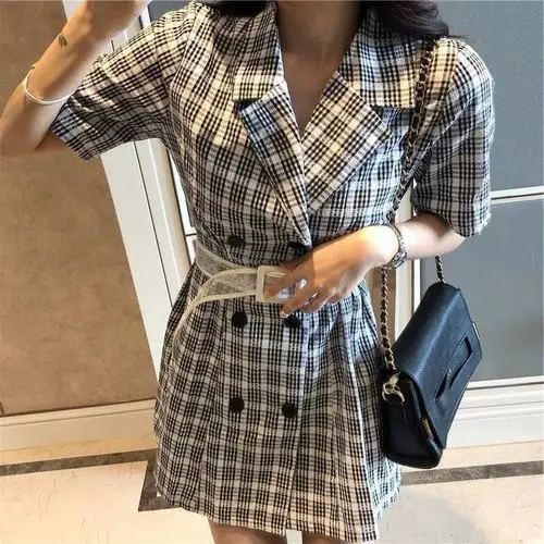 Женское короткое двубортное платье-блейзер серое клетчатое платье в стиле ретро