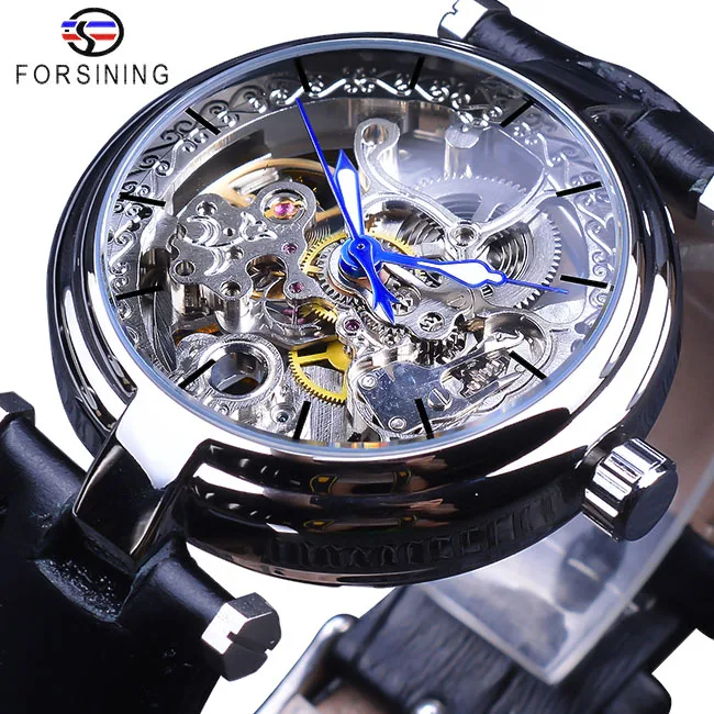 GMT1098-3 Forsining модные золотые часы синие руки Мужские автоматические самоветер часы лучший бренд класса люкс коричневые из натуральной кожи Светящиеся руки - Цвет: GMT1098-3