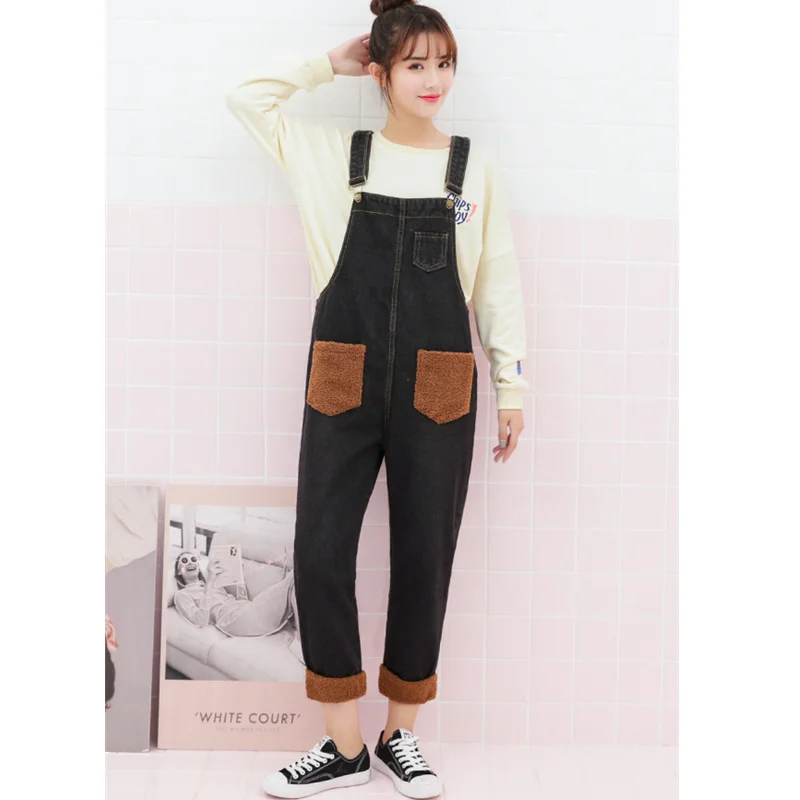 Woollen Patchwork Denim Overalls For Women Autumn Winter 2018 Roll Up Pockets Design Casual Embroidery Jumpsuit Romper | Женская одежда