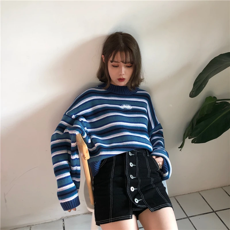 Female Korean Harajuku Clothing For Women Loose Wild Striped Student Sweater Women's Sweaters Kawaii Ulzzang Pullover Jumper | Женская