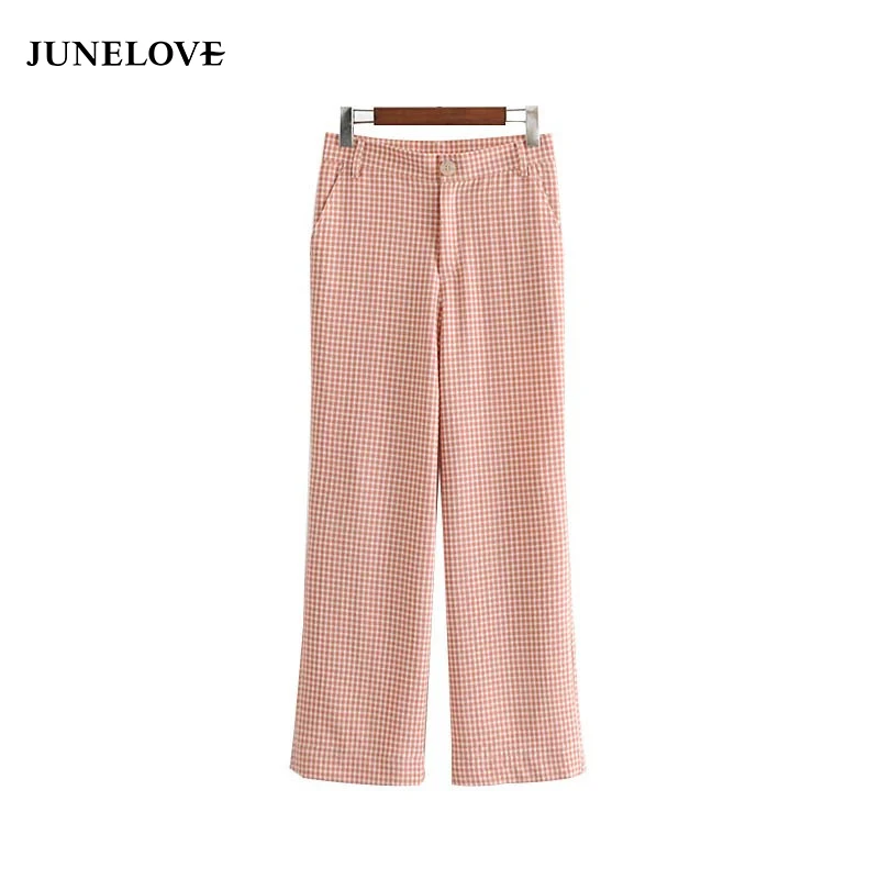 JuneLove 2019 new stylish plaid wide leg pant checkered pockets zipper fly design ladies casual chic trouser pantalones mujer | Женская