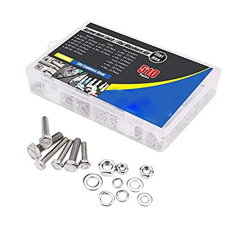 510 Pieces Flat Hex Stainless Steel Screws Bolts nuts Lock and Gasket Washers Assortment Kit flat lock 304 stainless | Обустройство