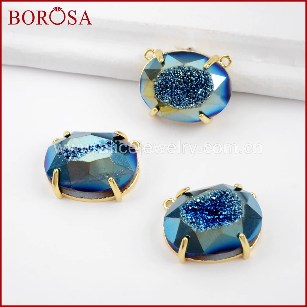 

BOROSA 5/10PCS Oval Gold Color Claw Rainbow Titanium Druzy Faceted Connectors, Mixed Color Drusy stone Gems for Necklace ZG0314