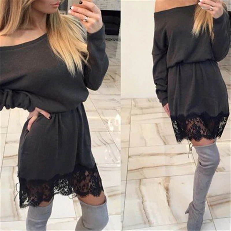 Vestido Dresses Cotton Sexy Lace Patchwork Slash Neck Loose Mini Dress Batwing Sleeve Women Lady 2017 Knitted Autumn Summer HOT | Женская
