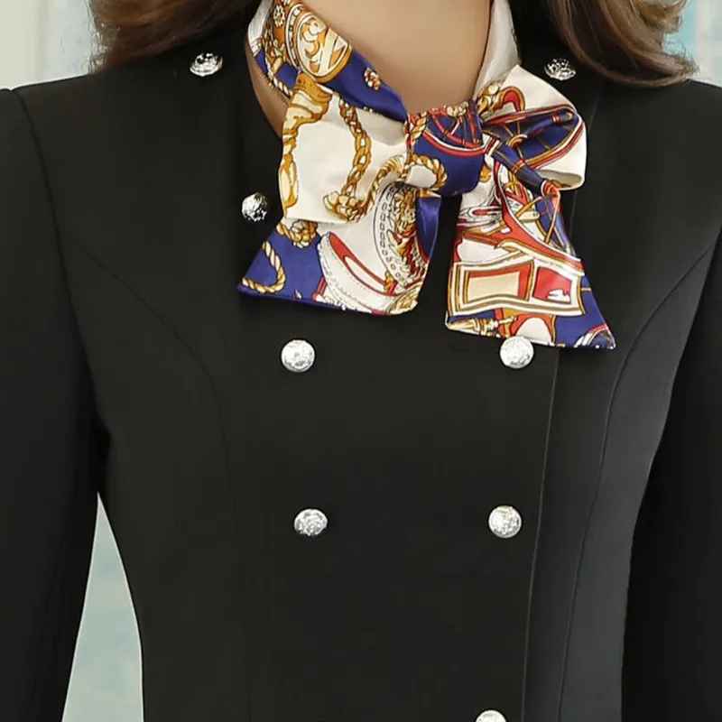 Элегантный бантик шарф женский костюм с юбкой OL формальный двубортный пиджак и