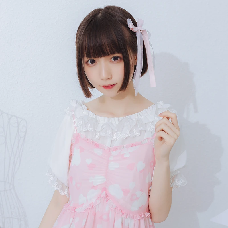 

Princess sweet lolita blouse Original homemade Lace Chiffon short sleeve Lolita with shirt short sleeves black and white LG052
