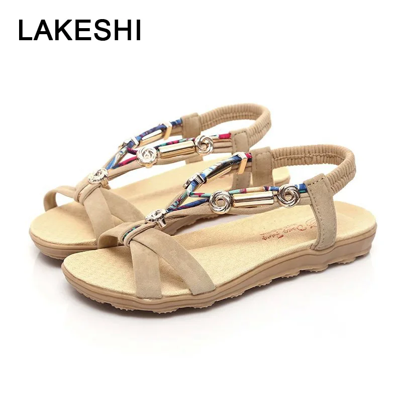 Женские сандалии LAKESHI на плоской подошве Богемные Вьетнамки Летняя женская обувь