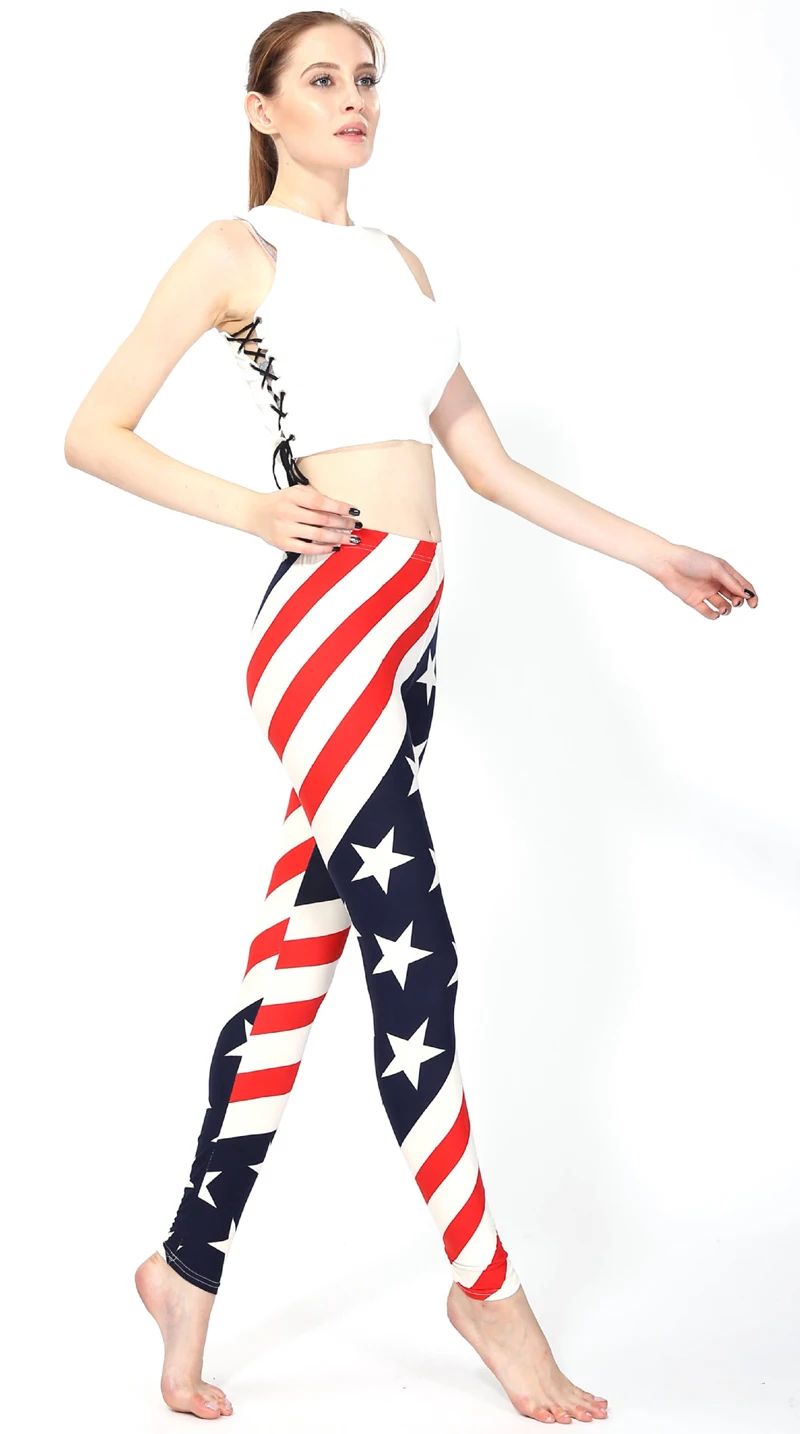 Женские леггинсы в красно-белую полоску с пентаграммой американским флагом
