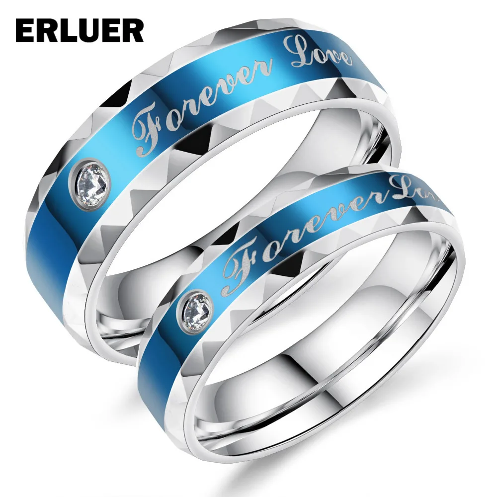 ERLUER lovers Gift Steel Pair Ring Women Men Zircon blue silver plated Jewelry Engagement wedding Couple Rings set Finger Bague | Украшения