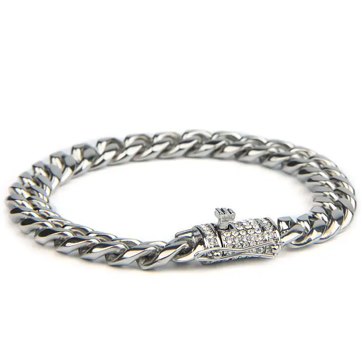 Uwin 10& 13& 15 мм кубинские звенья браслет для мужчин полный Iced Out коробочка со стразами Застежка Высокое качество браслеты из нержавеющей стали ювелирные изделия Хип-хоп - Окраска металла: steel
