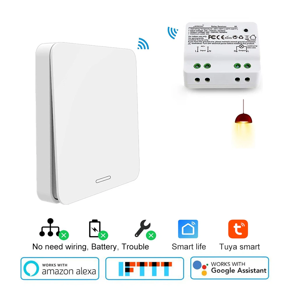 

Wifi Smart light switch 10A relay Receiver kinetic Self-Powered control Wall Timer switch Voice Control work with Alexa Google