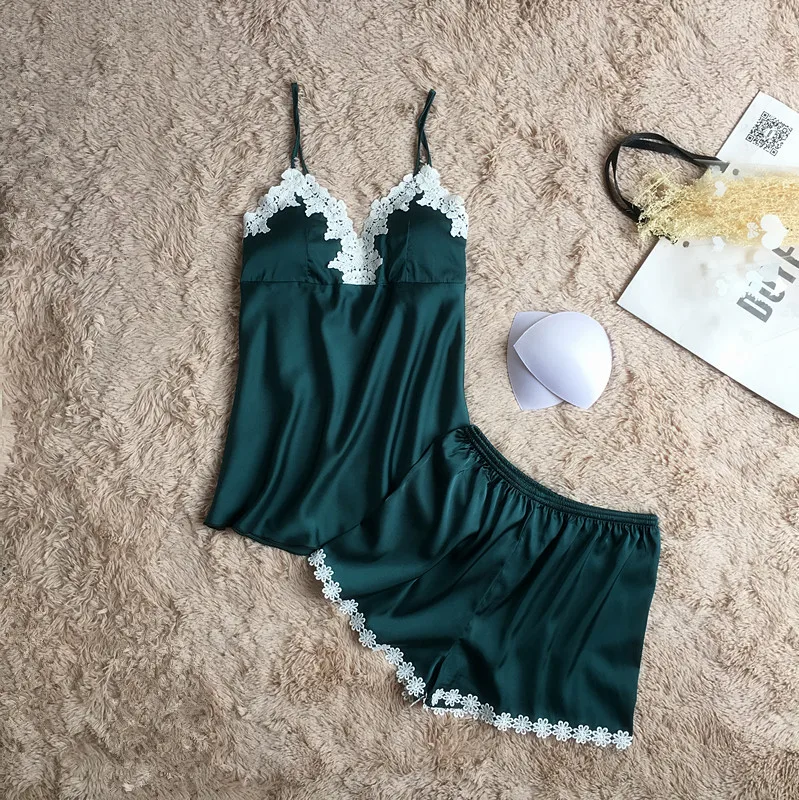 Женские пижамы атласная пижама спагетти ремень с нагрудными накладками шелковая