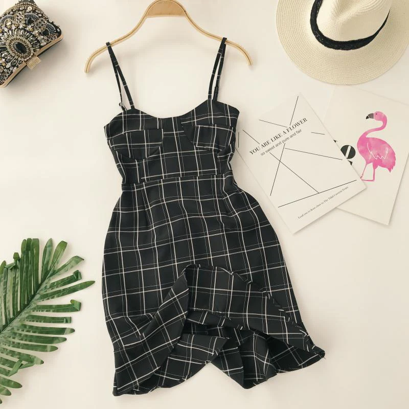 FTLZZ новое женское мини платье на бретелях летнее винтажное клетчатое Сексуальное
