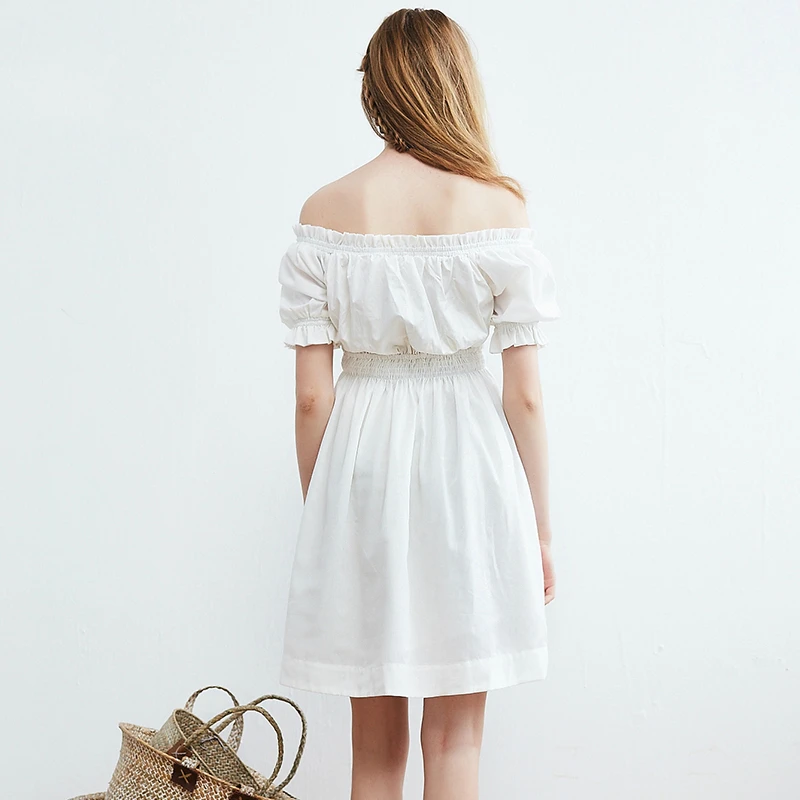 100% хлопковое женское летнее платье 2019 милое мини белое с пышными рукавами и
