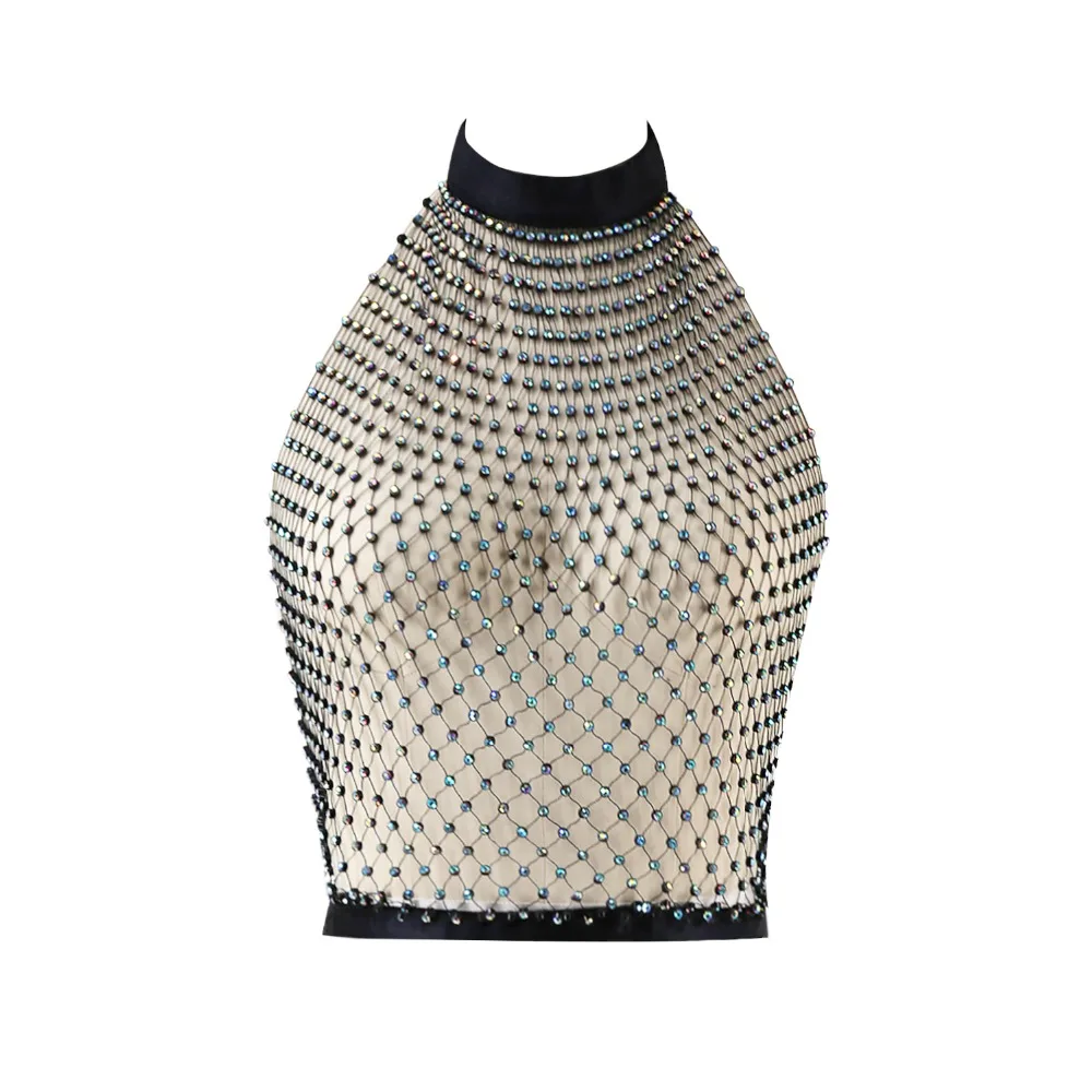 Sexy Backless Women's Halter Tank Tops Colorful Crystals Zircons Plated Breast Accessories Camisole Mesh Top Beach Night Club