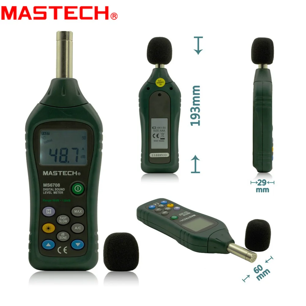 

MASTECH MS6708 ручной промышленный цифровой измеритель уровня звука децибел Тестер 30 ~ 130 дБ аналоговый бар дисплей задний светильник