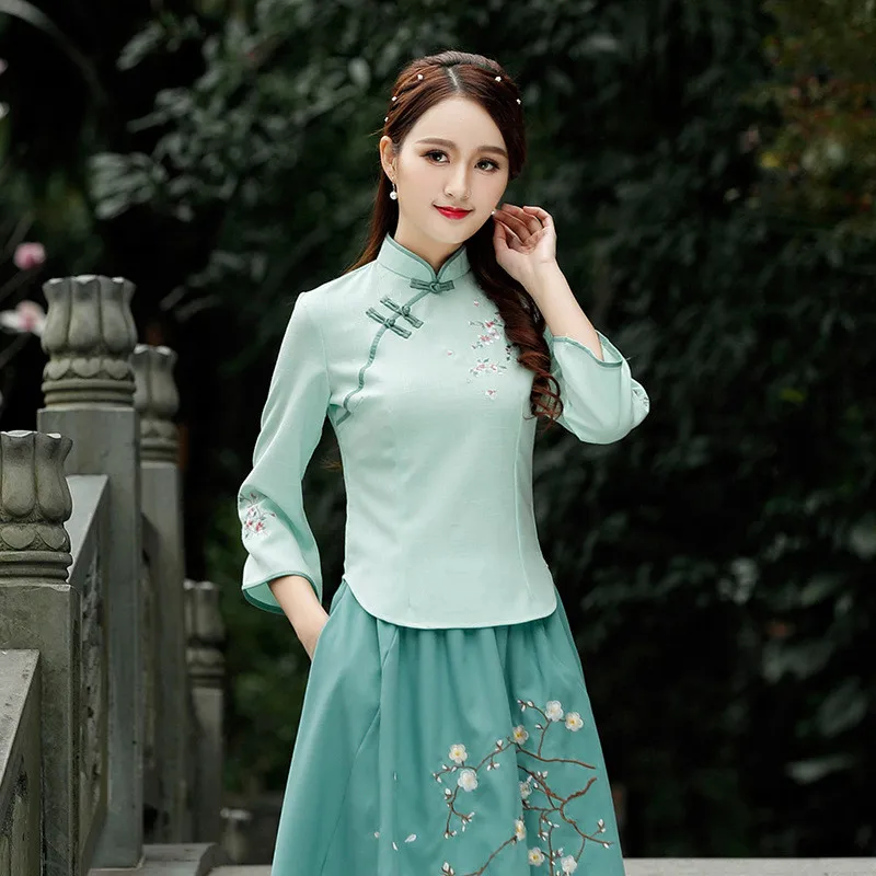Green Вышивка Qipao Мода сезон: весна-лето Винтаж три четверти рукав Тан костюм топы корректирующие женская одежда китайский стиль Cheongsam Топ - Цвет: Green