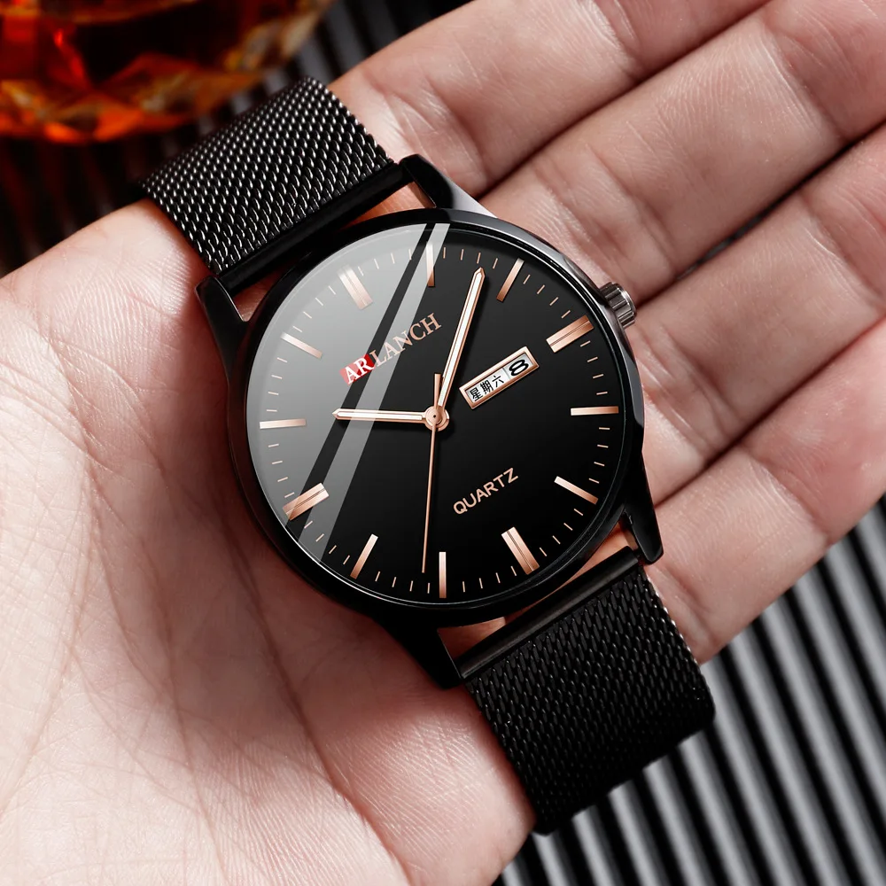 Men's Week Calendar Double Display Quartz Waterproof Watches Stainless Steel Net Belt Business Wristwatch Relogio Masculino | Наручные