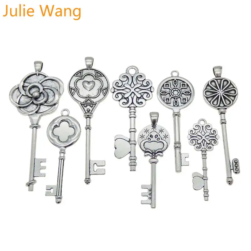 

Julie Wang 6PCS Randomly Send Key Shape Round Cabochon Setting Base Tray Bezels Blank Charms For Photo Pendant Jewelry Making