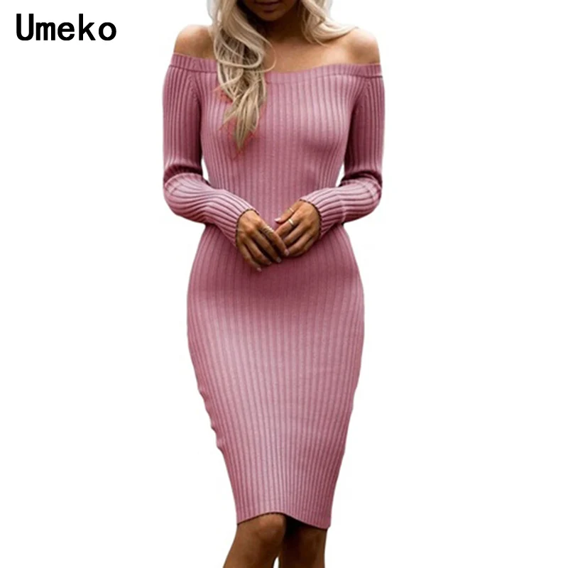 Платье свитер с длинным рукавом плеча облегающее платье Вечерние ночное тонкой