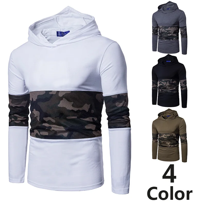 2019 fall and winter new men's camouflage cap long-sleeved T-shirts fashion splice men Sleeve collar casual Cotton | Мужская одежда