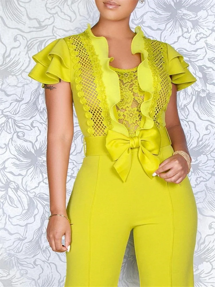 Женские сексуальные комбинезоны лоскутные кружевные сетчатые оборки с бантом