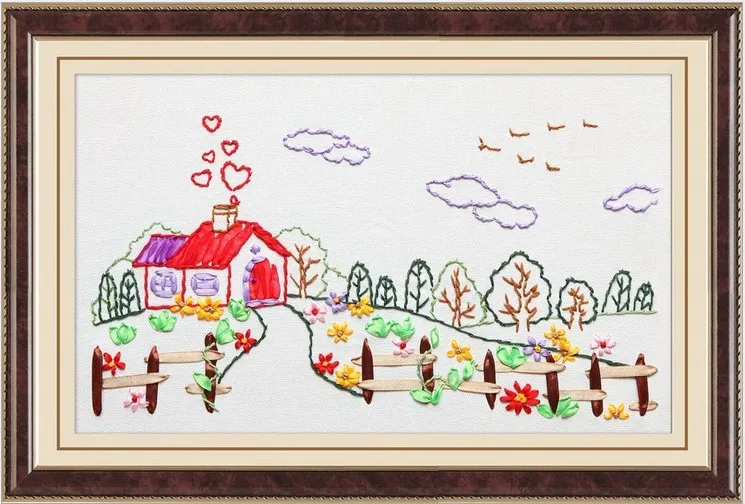 

Village house garden Ribbon embroidery kit stain silk painting set handcraft kit DIY handmade needlework art home decor plus