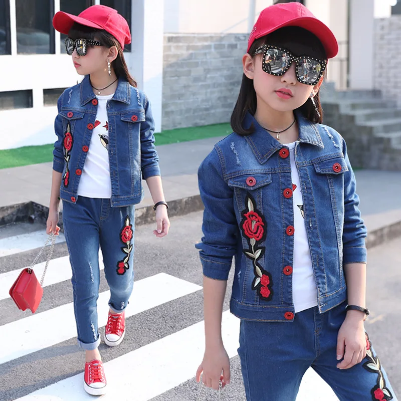 Teen Girl Boys Clothes Sport Clothing Set Denim Jacket + Jeans 2pcs Flower Fashion Cotton Casual Outfits for 6 8 10 12 14 Years | Детская