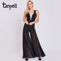 tanpell jumpsuit style evening dresses black sleeveless appliques a line floor length dress women v neck formal evening dress
